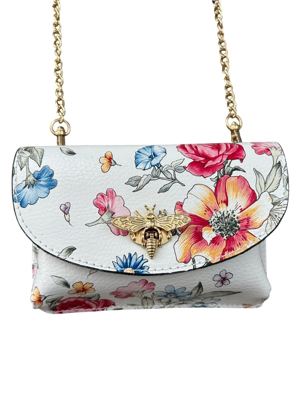 Floral Print Crossbody Bag with Gold Chain Strap - White